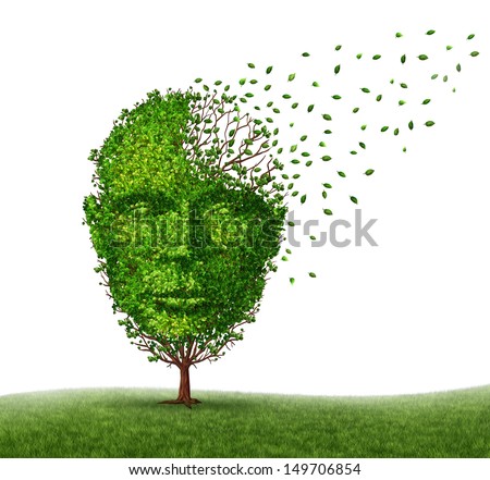 Dementia disease coping with Alzheimer's illness as a medical icon of a tree in the shape of a front view human head and brain losing leaves as aging challenges in intelligence and memory loss. - stock photo