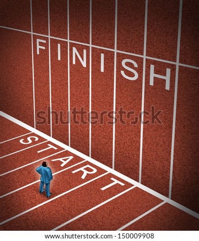 Upward climb business idea to overcome adversity as a businessman at the start line of a track and field path facing an obstacle to achieving a planned strategy for success and to go to the finish.