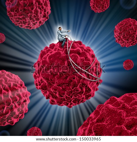 Cancer management and treatment for cancerous cells as a medical concept as a doctor guiding a malignant cell away from the human body as a symbol of research in disease treatment and prevention.