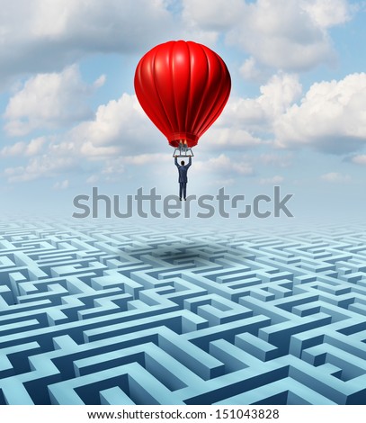 Rise Above Adversity Solution Leadership With A Businessman Flying And Soaring Over A Complicated Maze In A Hot Air Balloon As A Business Concept Of Innovative Creative Thinking In Financial Success.