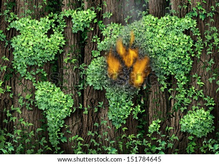 War in the Middle East concept as a forest of tall trees with a green vine shaped as the world map with the conflict zone burning with fire and smoke as a civil war revolution and political unrest.