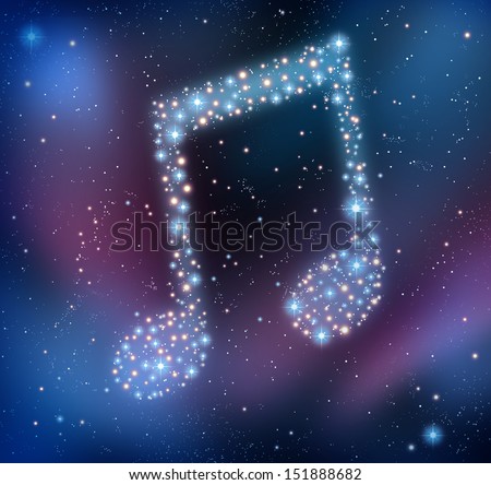Mobile music and cloud media streaming through the internet with as a night sky as a group of stars and planets as a bright space constellation in the shape of a musical note symbol.