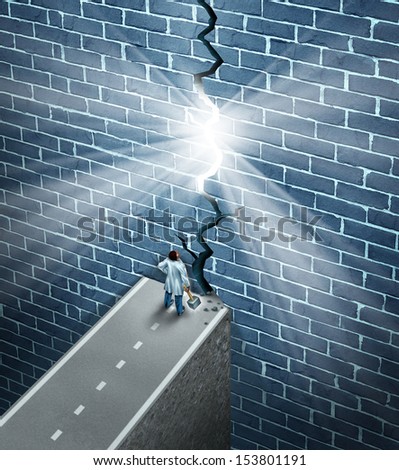 Medical research breakthrough as a health care and medicine science discovery concept as a doctor holding a sledge hammer breaking down a brick wall obstacle as a metaphor for finding a cure.