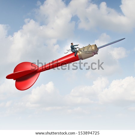 Goal Leadership And Focused Management Business Concept As A Businessman On A Flying Red Dart Guiding And Steering The Direction Using A Harness Towards A Planned Target Career And Company Success.