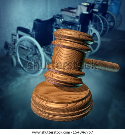 Disability Rights and fighting in a court of law for equal opportunity to citizens that are handicapped or physicality challenged to access services as a group of wheelchairs and a wooden judge gavel.