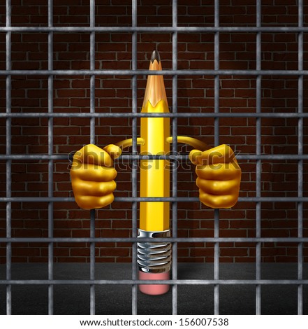 Creative block creativity concept with a pencil character in a prison jail cell holding metal cage bars as an icon for freedom of expression as a business symbol or icon for juvenile delinquent. .