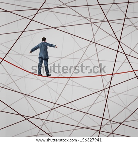 Focused On Strategy with a businessman as a high wire tight rope walker confronting adversity as a web of confused tangled group of wires distracting from the planned business goal for success.