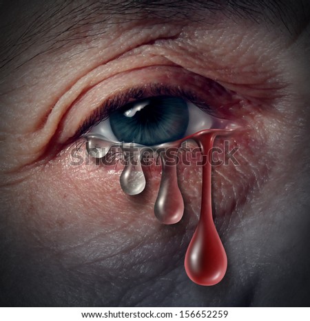 Depression increase dangers as a mental health issue related to despair and emotional illness based on grief in a close up of a human eye crying a tear drop that gradualy transforms into blood.