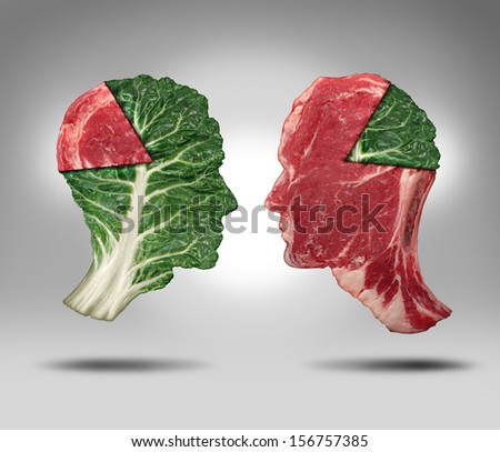 Food balance and health related eating choices with a human head shape green vegetable kale leaf with a piece of meat as a pie chart facing an opposite red steak for nutritional decisions and diet.