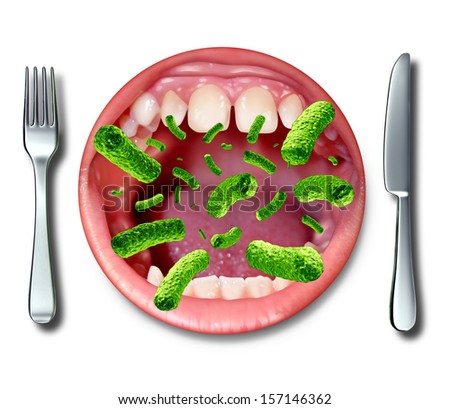 Food poisoning illness health concept with a dinner plate shaped as an open human mouth with dangerous bacteria as a risk of getting sick with health problems from rancid contaminated ingredients Food poisoning illness health concept with a dinner plate shaped as an open human mouth with dangerous bacteria as a risk of getting sick with health problems from rancid contaminated ingredients