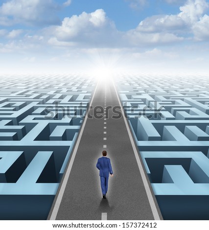 Clear Vision Leadership Solutions And Success Concept As A Businessman Thinking Outside The Box And Building A Road Bridge Over A Complicated Maze Cutting Through The Confusion With New Thinking.