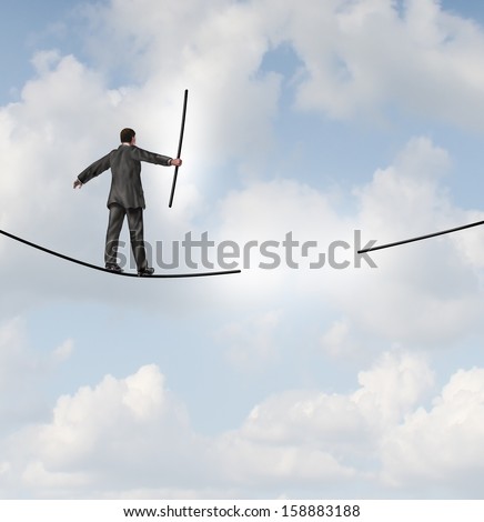 Risk management solutions business metaphor as a businessman walking on a tight rope with a missing piece of rope to complete the journey as a business leadership concept of adapting to change.