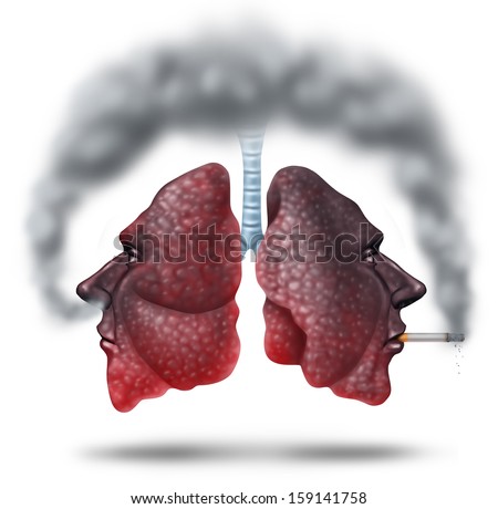 Second hand smoke health care concept for cigarette smoking risks as human lungs in shaped as a head as one smoker and another innocent victim lung breathing the toxic fumes turning the organ black.