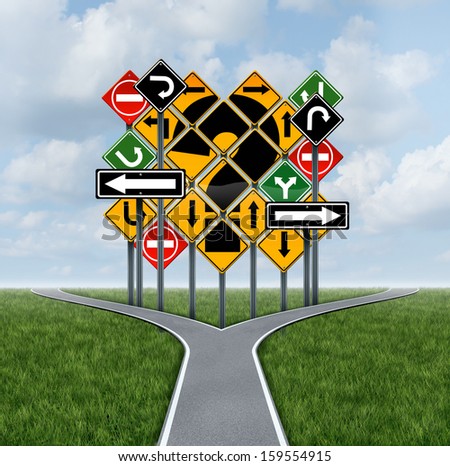 Confusing direction decision questions deciding on a clear strategy in business as a crossroads path to success choosing the right strategic plan challenged by a group of confusing traffic signs.