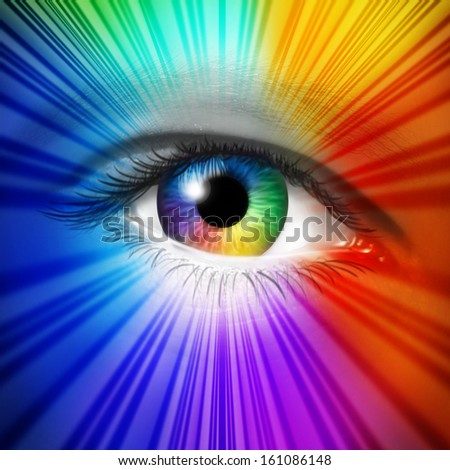 Spectrum Eye Concept As A Human Iris And Pupil With Reflective Multicolored Star Burst Effect As A Metaphor For Fashion Beauty And Cosmetics Or The Power Of Creative Vision.