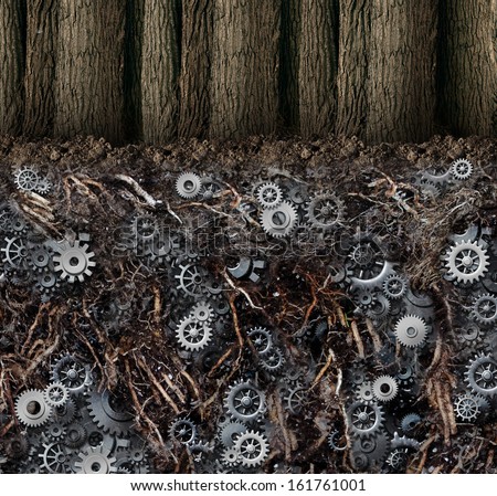 Underground economy and black market business concept as a forest of trees as a hidden root system under the ground as gears and cog wheels connected together in a secret financial industry network.
