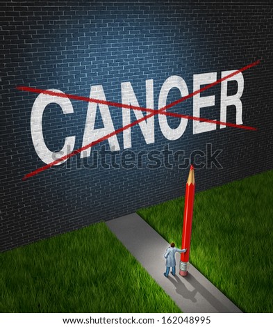 Fight cancer and treatment for cancerous tumors health care symbol with a medical metaphor with a doctor or research scientist holding a red pencil crossing out the disease word on a brick wall.
