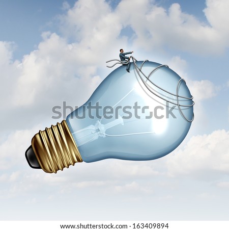Innovation guidance business concept and creative inspiration with strategic leadership imagination of new ideas as a businessman guiding a giant light bulb using a harness to pilot for success.