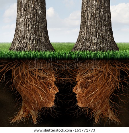 Business Roots Concept As A Partnership Relationship Of Two Growing Trees With Their Root System In A Human Head Shape As A Metaphor For Teamwork Contract And Agreement Through Communication Network.