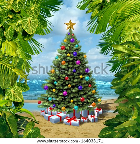 Christmas tree beach celebration on a tropical island with presents and gifts framed by plants as a concept for winter holiday and new year festivities vacation on hot sand by the sea.