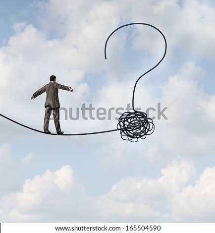 Risk uncertainty and planning a new journey as a businessman walking on a tight rope  shaped as a question mark as a metaphor for confusion at the road ahead as a business icon of finding solutions.