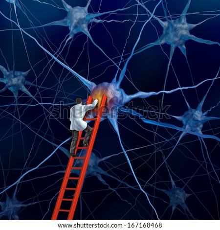 Brain doctor on a red ladder examining the neurons of a human head to heal memory loss or cells due to dementia and other neurological diseases as a mental health metaphor for medical research hope.