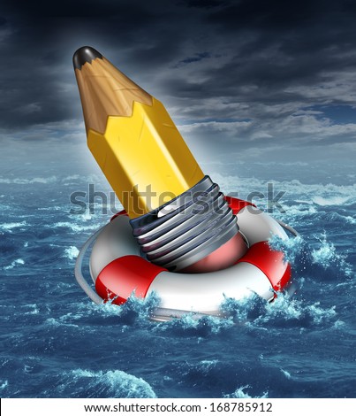 Creative Help And Support In A Business Concept As A Yellow Pencil Saved By A Life Belt Or Lifesaver In A Stormy Ocean Scene As A Metaphor For Creativity Challenges Or Risk And Saving Good Ideas.