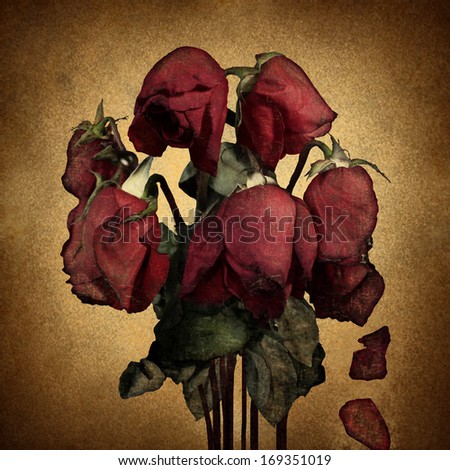 Lost love and broken heart emotions concept with wilted dying red roses and falling petals on old parchment grunge texture as a symbol of grief and sadness from relationship failure and romance .