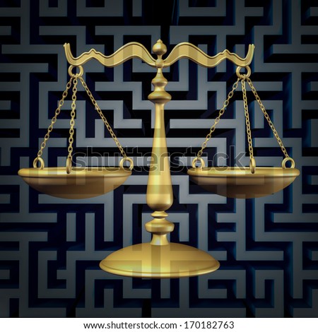 Legal confusion and lawyer guidance as a business law concept with a justice scale on a three dimensional maze or labyrinth as a metaphor for complicated regulations and bureaucracy.