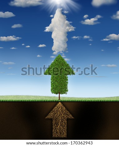 Success Program Business Concept As Underground Roots Of A Green Tree And Clouds All Shaped As Connected Arrows Pointing Up To A Sun As A Metaphor For Successful Planning To Achieve Winning Goals.