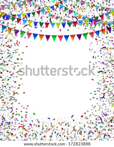 Bunting flags confetti frame as a celebration and party framed decoration for a festival or carnival celebrating a birthday or important event with blank copy space.