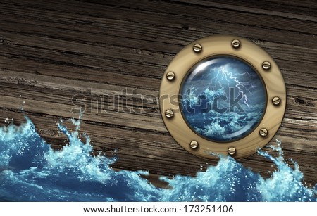 Sinking ship crisis concept with a boat in dangerous thunder storm sea challenged by a risky environment as a metaphor for depression and distress in business and the stress of a life journey.