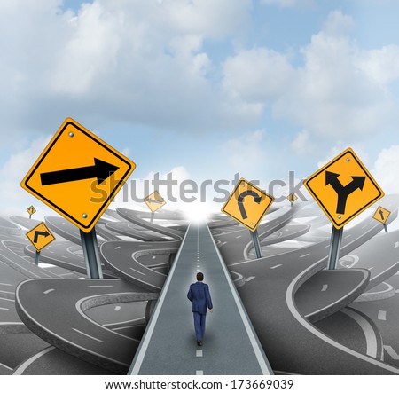 Businessman Walking Around Confusion And Chaos On A Straight Easy Path And Journey To Success As A Business Metaphor For Leadership Solution To Financial Challenges.
