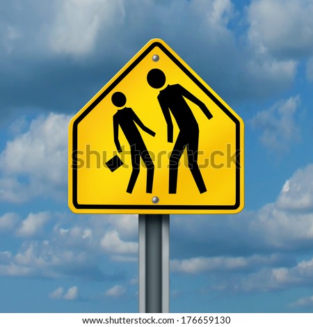 School bullying concept as a yellow traffic sign with an abusive bully attacking a smaller defenseless student as a symbol of the anxiety of being bullied and the social issues of childhood fear.
