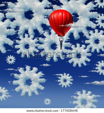 Cloud management and internet support concept with a group of clouds shaped as gears and cog wheels in the sky with a businessman riding a red hot air balloon to examine the networking system.