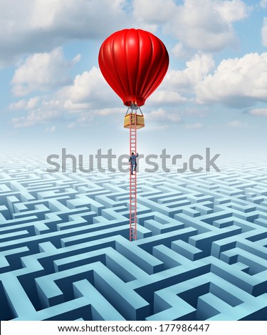 Escape opportunity  and freedom from adversity solution leadership with a businessman climbing a ladder out of a maze in a hot air balloon as a business concept of overcoming challenges for success.