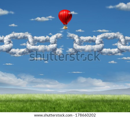 New Markets Breakthrough business concept  as a group of clouds shaped as a linked chain being broken through by a businessman in a hot air balloon as a freedom metaphor of repression and dirty air.