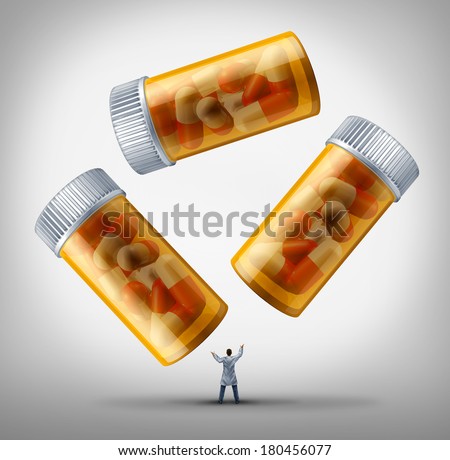 Medicine management health care concept as a doctor or pharmacist in a white lab coat juggling a group of prescription pill bottles as a metaphor for disease treatment and research solutions.