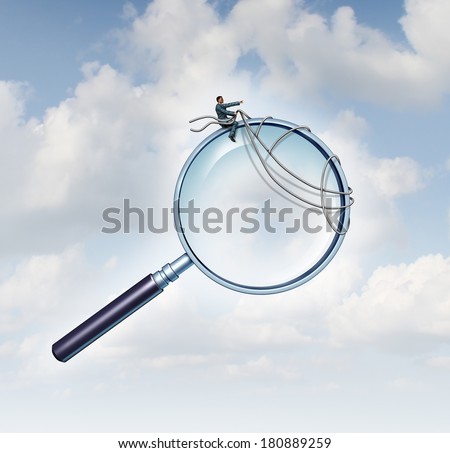 Career job search business concept as a businessman riding a giant magnifying glass guiding it with a harness as a metaphor for leadership in employment recruitment and financial opportunities.