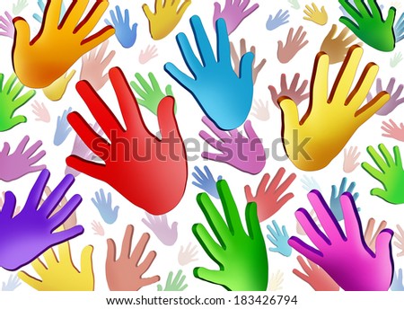 Volunteer hands community concept as a group symbol of colorful human fingers raised up representing multi ethnic cultural diversity in friendship working together as a team for social success.