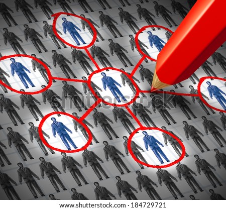 Connection business human resource concept as an infographic of a group of generic business people symbols with some that are highlighted with a red pencil as a metaphor for building social links.