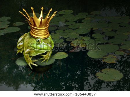Frog prince concept with gold crown representing the fairy tale concept of change and transformation from an amphibian to royalty on a lily pad pond background.