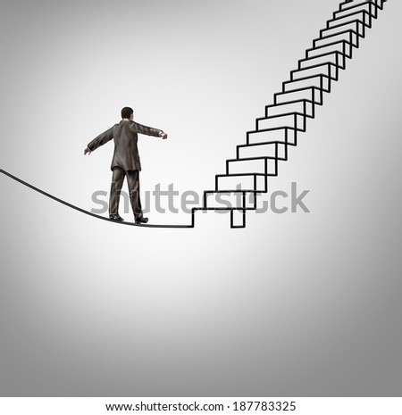 Risk opportunity and danger management business concept with a businessman balancing on a tightrope shaped as upward stairs or stairway as a financial career metaphor for reducing uncertainty.