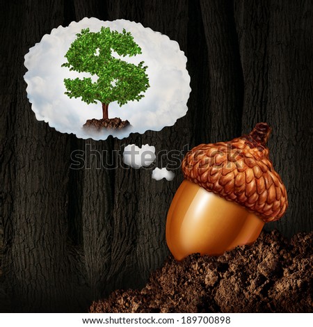 Investment planning business concept as an acorn seed dreaming about future growth ambition as a dollar sign money tree in a dream bubble as a financial and finance metaphor for investor success.