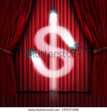 Business presentation sales pitch to find investors as a stage with red silk curtains or drapes with shinning spot lights illuminating in the shape of a dollar sign as a metaphor for raising funds.