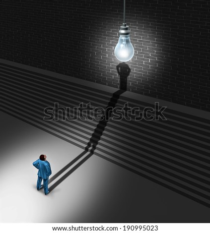 Brainstorming businessman concept as a man in front of stairs with his shadow going up the stairway to merge with an illuminated lightbulb as a creative success metaphor for innovation achievement.
