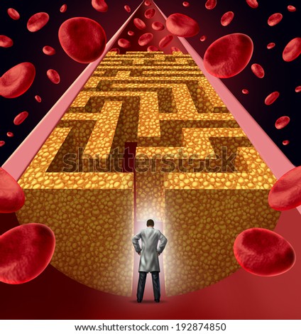 Cholesterol treatment by a heart surgeon doctor facing a clogged artery and atherosclerosis disease medical concept with an artery with blood cells that is blocked by plaque buildup shaped as a maze.