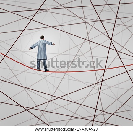 Medical solution health care concept as a doctor walking on a red tightrope around a group of tangled wires as a symbol of challenges in insurance and the risk in illness treatment for patients.