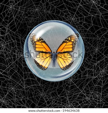 Shelter from risk and crisis business concept as a person in a protective bubble with butterfly wings flying through a chaos of spider webs overcoming career traps and avoiding financial adversity.
