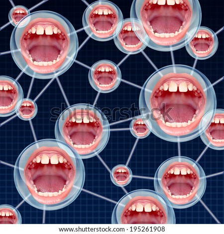 Social Connections communication concept as a group network on the internet with connected bubbles as human mouths inside as a symbol of talking and sharing information.